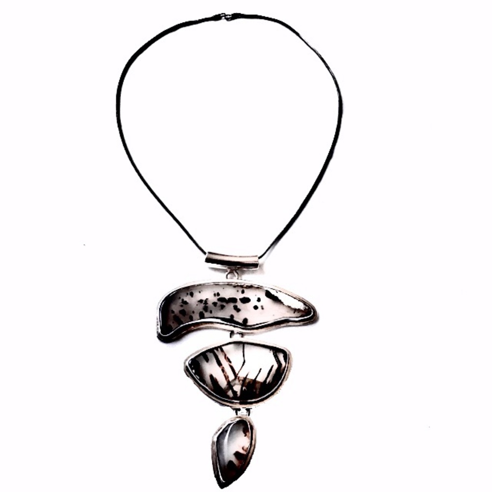 Stunning Necklace! Sterling Resin Triple Pendant!